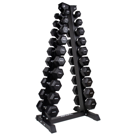 Rival 1-10KG Hex Dumbbell Set with Vertical Storage Rack