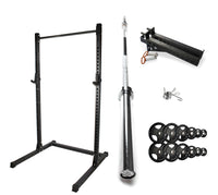 Rival J-2 Series Squat Rack with Spotter Arms, Barbell and Tri-Grip Plate Set Bundle