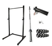 Rival J-2 Series Squat Rack with Spotter Arms, Barbell and Tri-Grip Plate Set Bundle