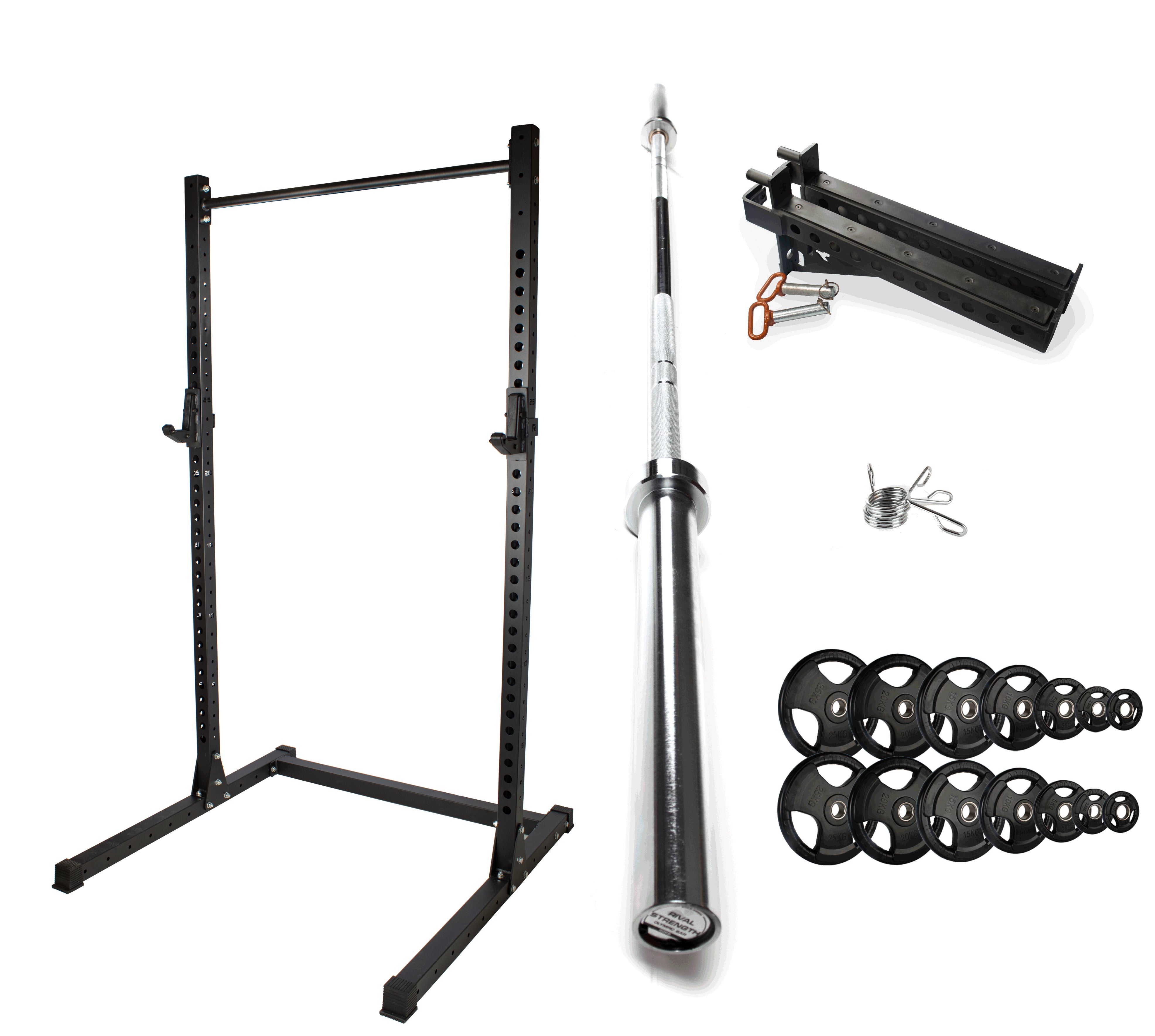 Rival J-2 Series Squat Rack with Spotter Arms, Barbell and Tri-Grip Pl ...