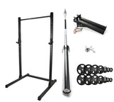 Rival J-2 Series Squat Rack with Spotter Arms, Barbell and Tri-Grip Plate Set Bundle