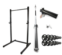 Rival J-2 Series Squat Rack with Spotter Arms, Barbell and Tri-Grip Plate Set Bundle